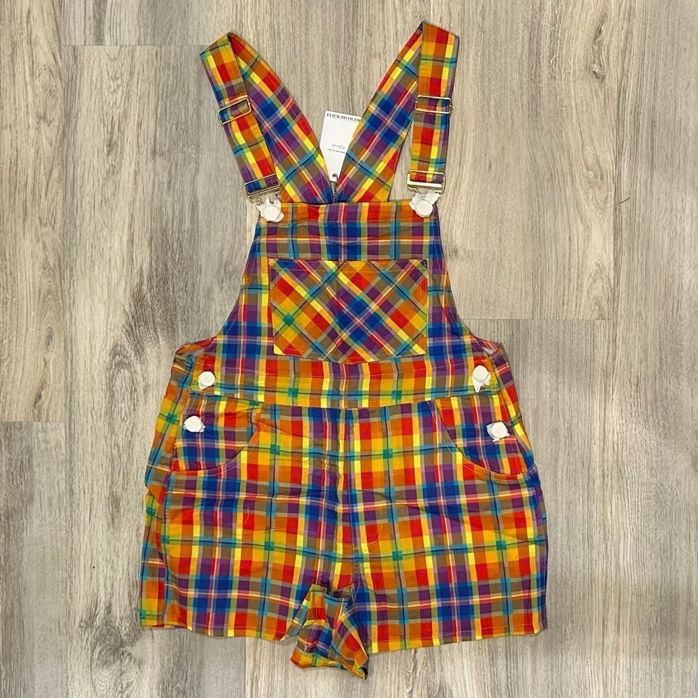 NWT WeWoreWhat Colorful Plaid Rainbow Shorts Overalls Romper Linen Cotton SizeXS